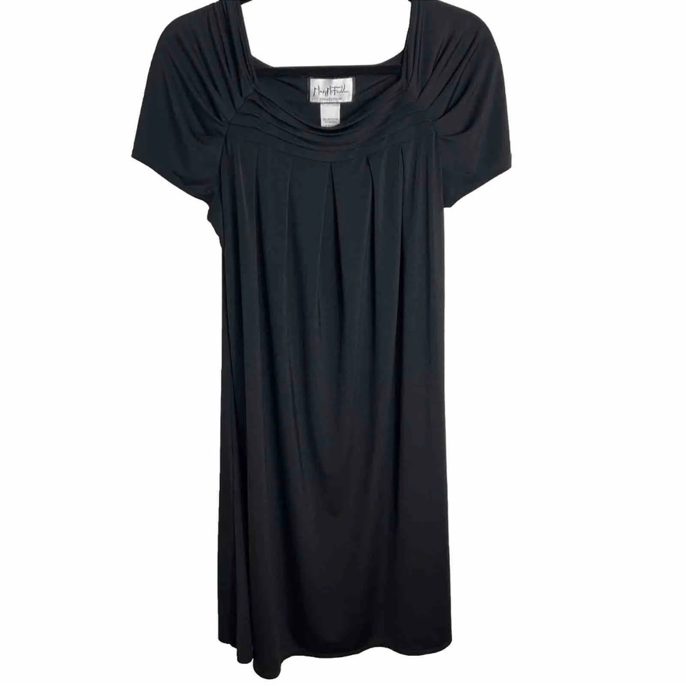 Vintage Mary McFadden Black Shift Dress Square Neck Short Sleeve Stretch Large